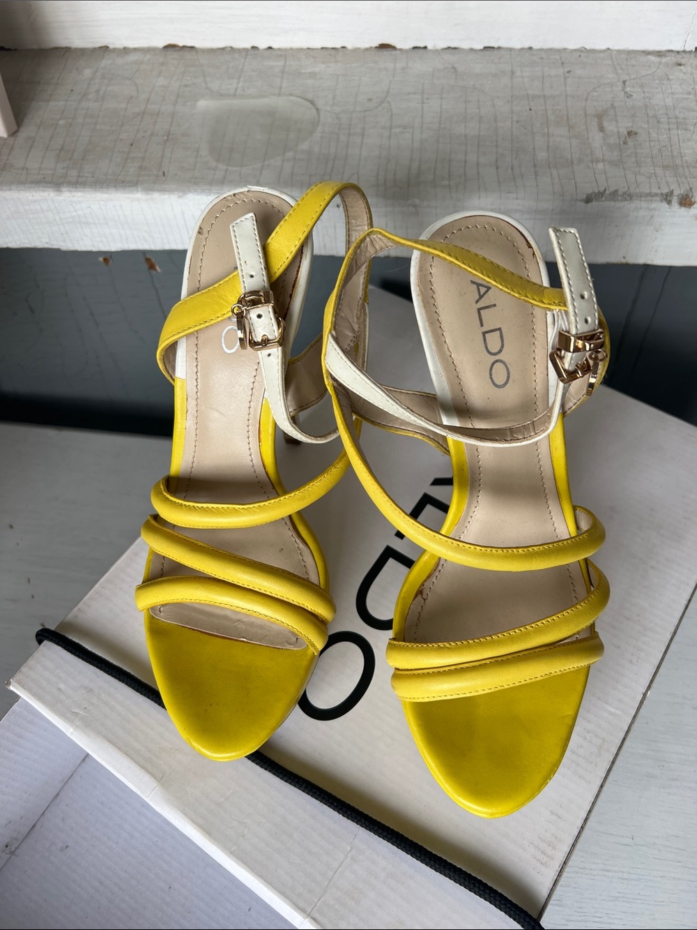 ALDO Yellow Strappy Ankle-Buckle Mid Heel Sandals